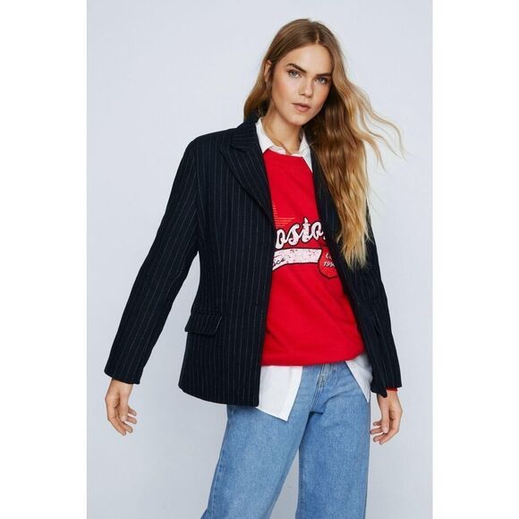 NASTY GAL Collection Pinstripe Oversized Wool Blend Navy Blazer sz 4 US - Picture 1 of 13
